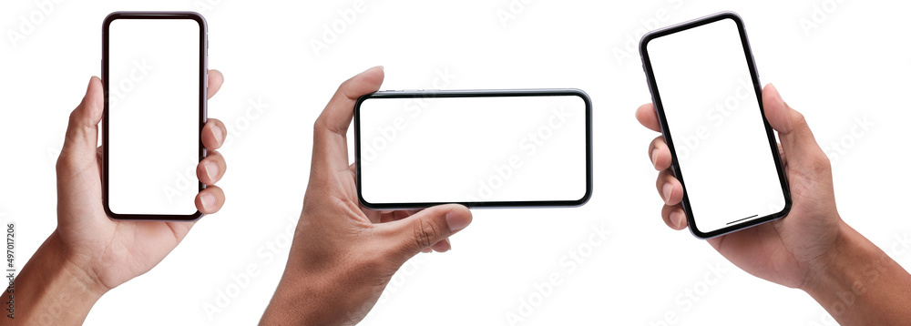 Poster hand holding the black smartphone phone with blank screen and modern frameless design in two rotated
