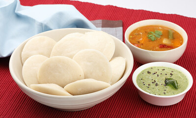 Steamed Idli with sambhar and chutney, South Indian breakfast