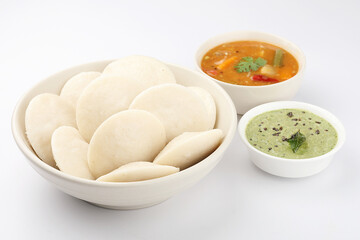 Steamed Idli with sambhar and chutney, South Indian breakfast