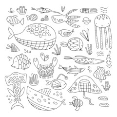 Collection of marine drawings in doodle style - sea creatures, fish, octopuses, starfish, etc. Vector illustration isolated on white background