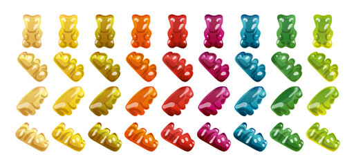 Gummy Bear Candy from different angles and position isolated on white. Colorful Jelly Bears vector illustration.