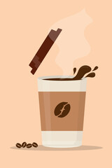 black coffee in a paper cup with splashes and steam hot