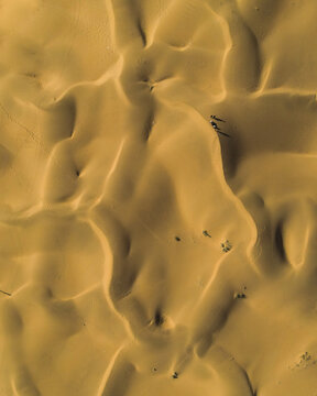 Aerial view of sand dunes in a desert.