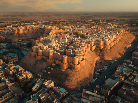 A landscape view of the Jaisalmer Fort situated in Rajasthan. Aerial view of forts in India.
