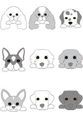 ワンちゃんの正面顏(手つき))6犬種9匹セット)グレースケール