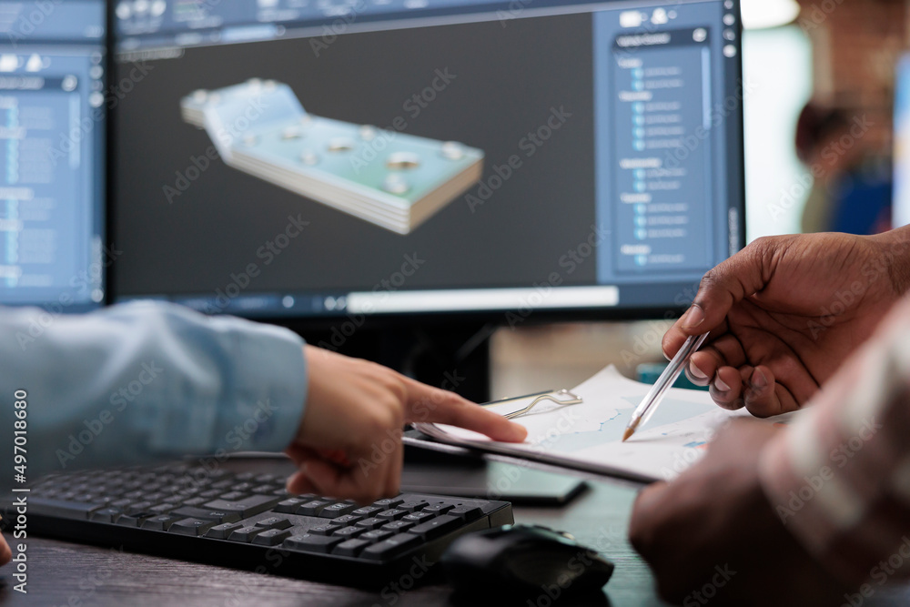 Poster close up of creative industry employees with clipboard and advanced 3d modeling software open in bac