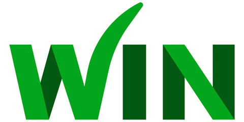 Green logo win icon folded ribbon with approval tick check mark win