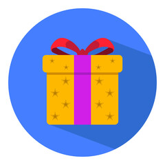 Flat yellow gift box with icon design and long shadow vector illustration for website and promotional banners.