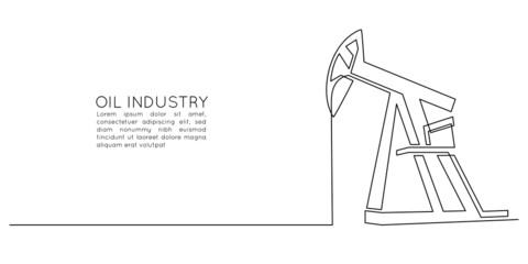 Oil pump jack platform of One continuous line drawing. Drilling rig petroleum production and trade industry in simple linear style. Non-renewable energy concept. Vector illustration