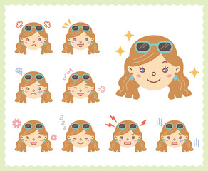 女性の喜怒哀楽の感情　顔アイコン　セット14