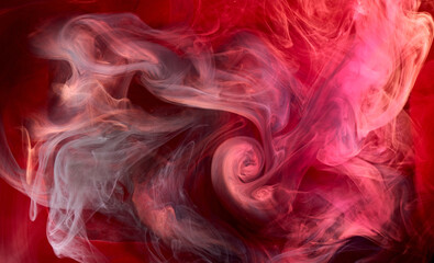 Black and red ink background, colorful fog, abstract swirling ocean, acrylic paint pigment underwater, white smoke