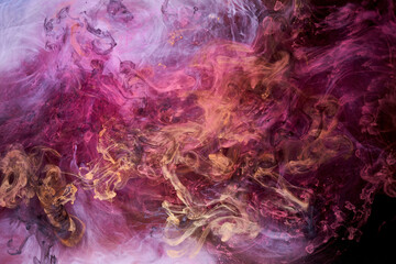 Obraz premium Multicolor pink smoke on black ink background, colorful fog, abstract swirling touch ocean sea, acrylic paint pigment underwater