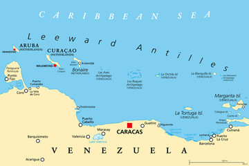 Leeward Antilles political map. Chain of islands in the Caribbean. From Aruba, Curacao and Bonaire to La Tortuga and Margarite Island. Southerly islands of Lesser Antilles, north the Venezuelan coast.