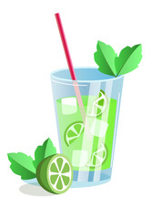 Mojito cocktail with lime and mint. Vector illustration