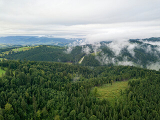 Green slopes of Ukrainian Carpathian mountains in summer. Cloudy morning, low clouds. Aerial drone view.