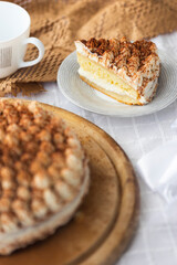 Piece of homemade tiramisu cake with cocoa on top on white porcelain plate