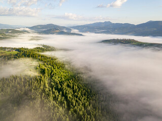 Fog envelops the mountain forest. The rays of the rising sun break through the fog. Aerial drone view.
