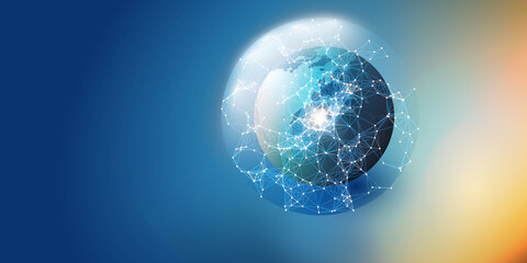 Modern Style Global Networks Structure, IT or Telecommunications Concept Design - Polygonal Network Connections in a Sunlit Earth Globe in Space - Creative Wide Scale 3D Vector Design with Copyspace