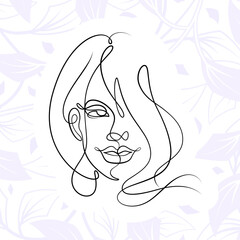 International Women's Day minimal design line drawing style. Portrait of young woman beauty face isolated on pastel leaf background. Vector for Spa, fashion, hairdressing and beautiful artwork design.