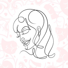 International Women's Day minimal design line drawing style. Portrait of young woman beauty face isolated on pastel leaf background. Vector for Spa, fashion, hairdressing and beautiful artwork design.