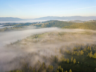 Morning fog in the Ukrainian Carpathians. Aerial drone view.