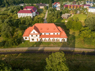 Mountain settlement in the Ukrainian Carpathians. Aerial drone view.