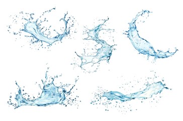 Transparent blue water splashes and wave with drops. Vector liquid splashing fluids with droplets, isolated realistic 3d elements, transparent fresh drink, clear aqua falling or pour with air bubbles - obrazy, fototapety, plakaty