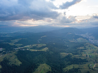 Green Ukrainian Carpathians mountains in summer. Aerial drone view.