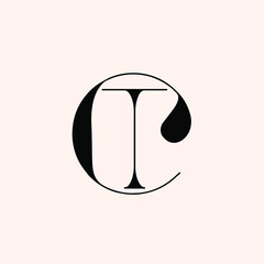 CT monogram logo.Typographic signature icon.Letter c and letter t.Lettering sign isolated on light fund.Wedding, fashion, beauty alphabet initials.Elegant, luxury style characters.	