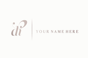 DI monogram logo.Typographic signature icon.Letter d and letter i.Lowercase lettering sign isolated on light fund.Wedding, fashion, beauty alphabet initials.Elegant, luxury style,  rose gold color.