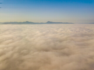 Fototapeta na wymiar Flight over fog in Ukrainian Carpathians in summer. Mountains on the horizon. Aerial drone view.