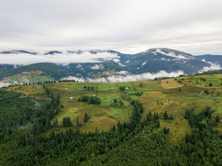 Obraz premium Green slopes of Ukrainian Carpathian mountains in summer. Cloudy morning, low clouds. Aerial drone view.