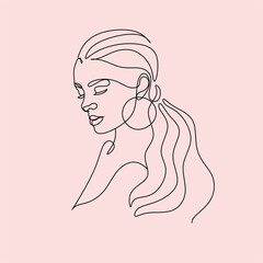 Abstract face with flowers by one line vector drawing. Portrait minimalistic style. Botanical print. Nature symbol of cosmetics. Modern continuous line art. Fashion print. Beaty salon logo.