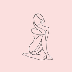Trendy abstract one line woman body with flowers and leaves. Girl covering her nude breast. Naked woman standing back one line drawing on white isolated background. Vector illustration