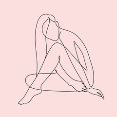 Trendy abstract one line woman body with flowers and leaves. Girl covering her nude breast. Naked woman standing back one line drawing on white isolated background. Vector illustration