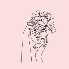 Self Love Line Art Concept. Line drawing Minimalist Abstract woman with a flower head. Nature symbol of cosmetics body care
