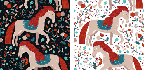 Nordic scandinavian horse seamless pattern vector, bohemian background, Can be used for notebook cover, phone case pattern, wrapping paper, fashion print design etc.