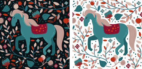 Nordic scandinavian horse seamless pattern vector, bohemian background, Can be used for notebook cover, phone case pattern, wrapping paper, fashion print design etc.
