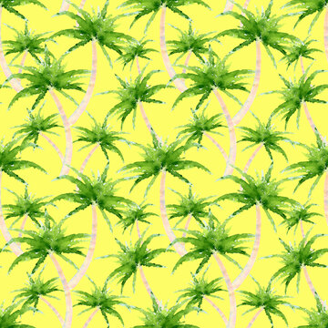 Coconut palms on a yellow sunny background. Seamless tropical pattern. Watercolor palm tree print © AineGing
