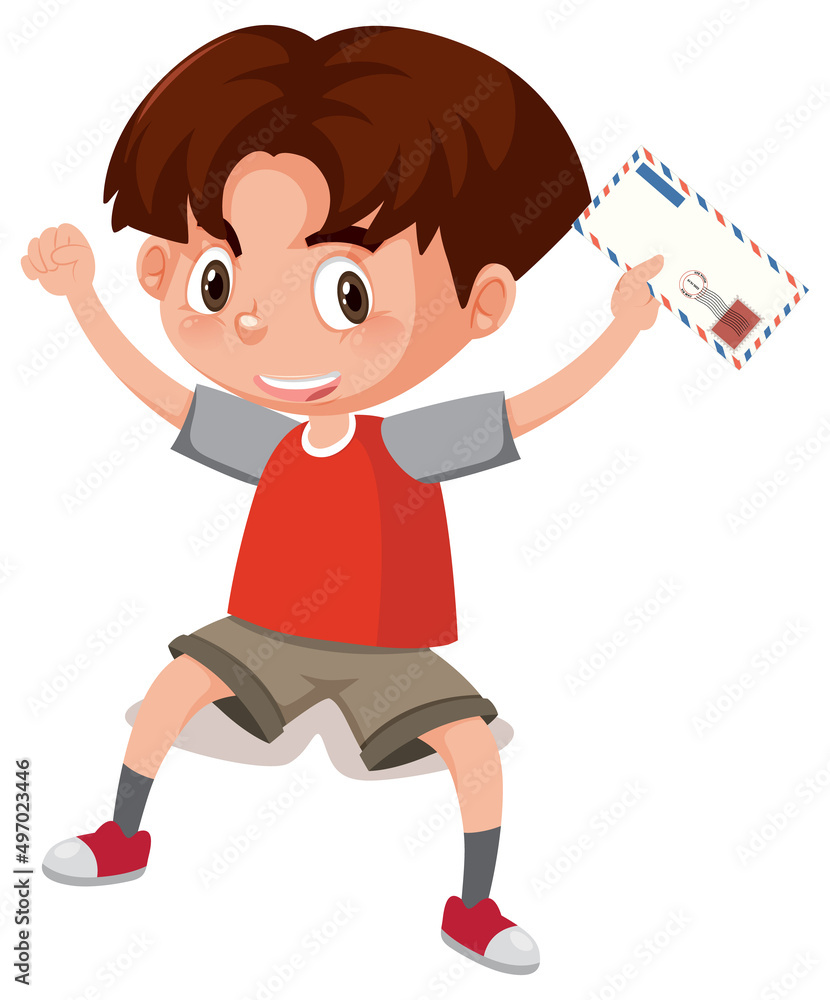 Wall mural happy boy holding letter on white bakground