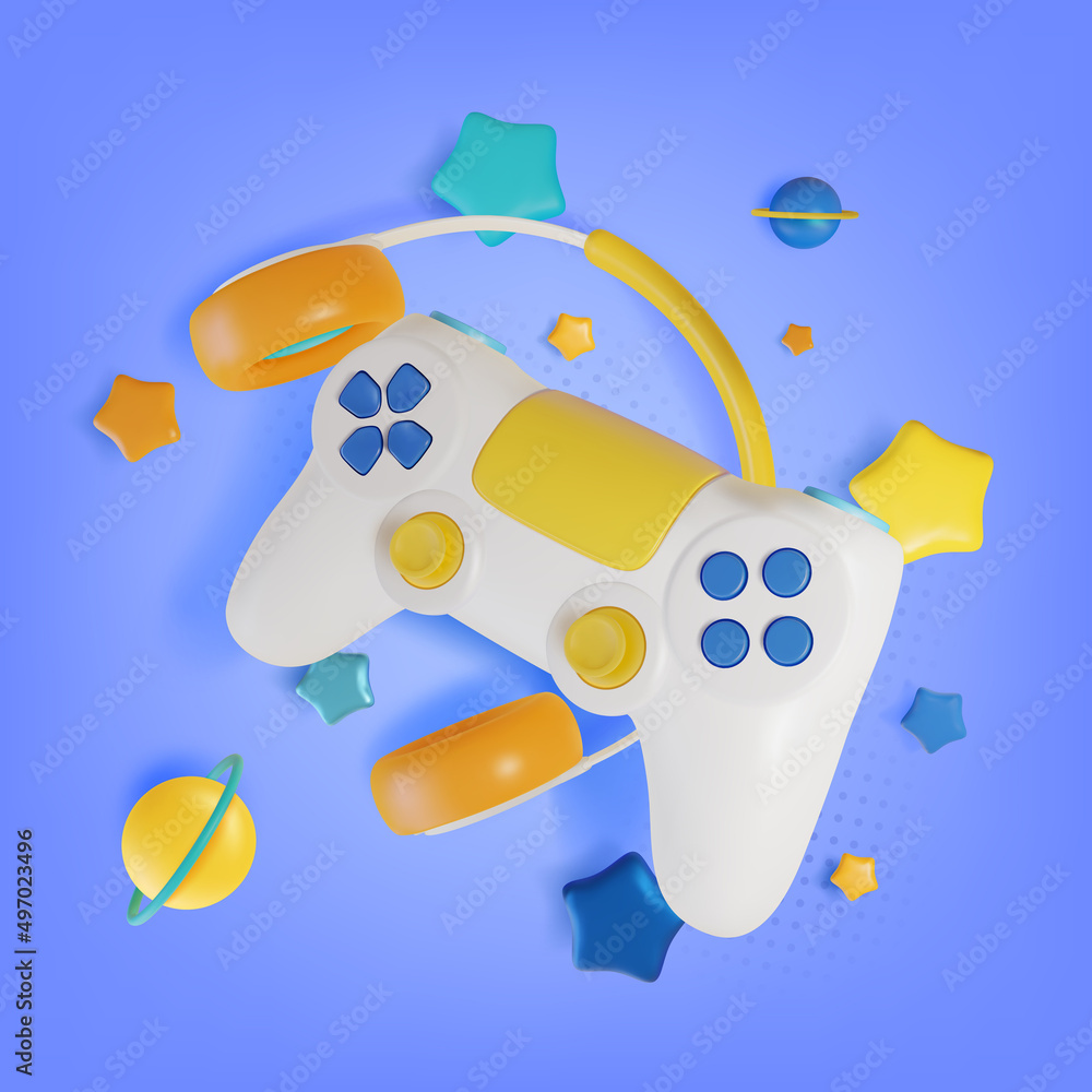 Poster 3d computer game and gamepad concept cartoon style with headphones and color decor elements. vector 