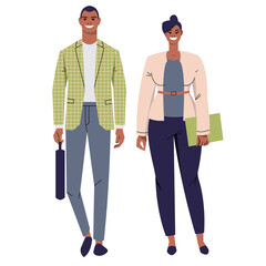 Dark-skinned elegant business woman and businessman isolated on white background. Man in suit with briefcase, woman with folder. Business team in flat style. Vector illustration.