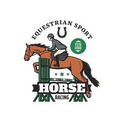 Equestrian sport and horse racing vector icon. Horse and jockey jumping over barrier with horseback rider helmet and boots, horsey saddle, horseshoe and equine harness, show jumping