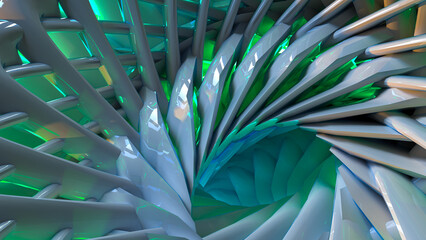 Fototapeta na wymiar 3D render of surreal abstract art piece in alien form with twisting rotating curvy organic forms in organic repeating shapes with white shiny plastic material with green and cyan light