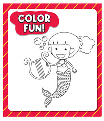 Worksheets template with color fun text and mermaid outline