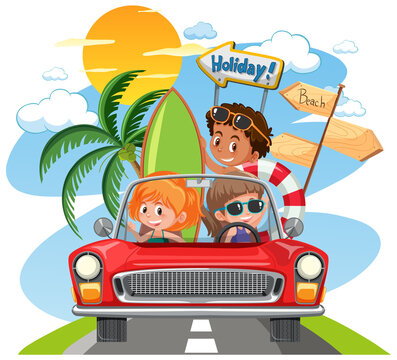 Children in classic car with holiday theme