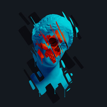 Composition with colorful scull as face of ancient statue bust, head. Contemporary art collage. Ideas, inspiration, magic. Concept of Halloween, art, surrealism