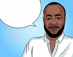 Color vector illustration in pop art style. A businessman in a white shirt stands on a blue background. Successful African American man with beard. Concept design for business application