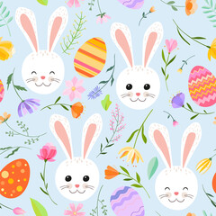 Easter spring seamless pattern. Bright colorful Easter eggs, spring flowers and herbs and cute Easter bunnies on a light blue background.