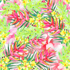 Watercolor tropical seamless pattern of exotic plants and flowers, colorful jungle print